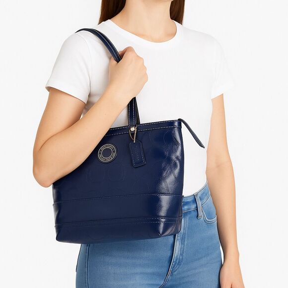 Coach Peyton Patent Leather Shoulder Tote Navy Embossed C Logo No. G1281-F19198 - Picture 2 of 15